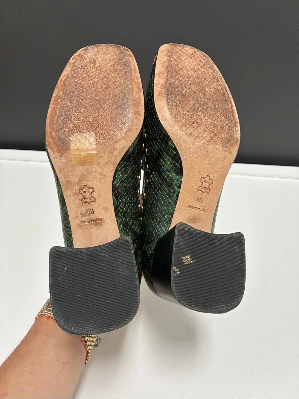 Tory Burch Leather Snake-Print Stud Block Heel Loafers